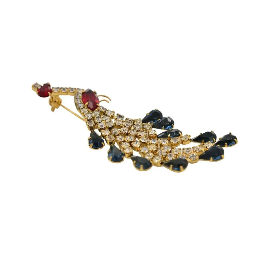 Vintage Crystal Peacock Pin Brooch Prong Blue Pink Rhinestone Gold NOS 1980s 9B